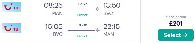Non-stop flights from Manchester, UK to Boa Vista, Cape Verde for only £201 roundtrip. Flight deal ticket image.