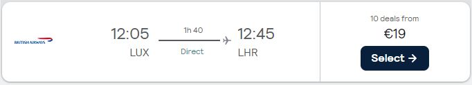 Cheap flights from Luxembourg to London, UK for only €19 one-way with British Airways. Flight deal ticket image.