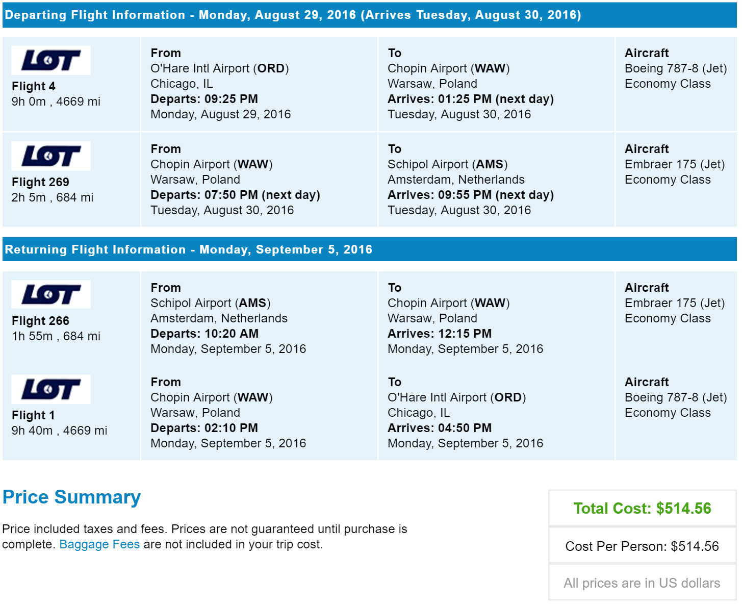 Flights from Chicago to Amsterdam, Netherlands or Geneva, Switzerland for only $514 roundtrip with LOT Polish Airlines. Flight deal ticket image.