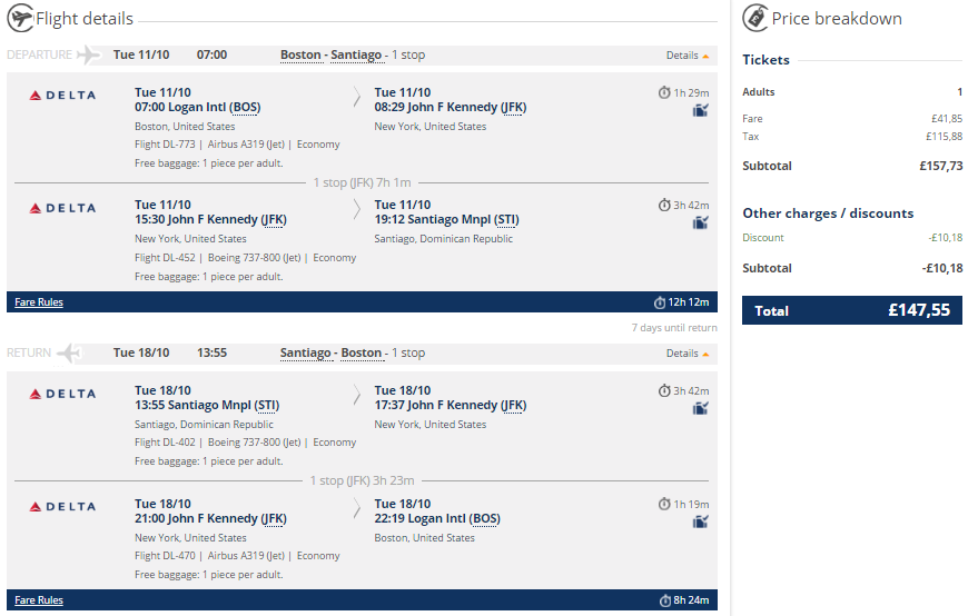 Super cheap flights from Boston to either Santiago or Santo Domingo, Dominican Republic for only $192 roundtrip with Delta!! Flight deal ticket image.