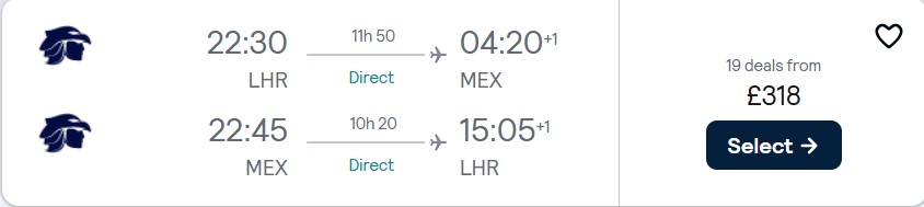 Non-stop flights from London, UK to Mexico City, Mexico for only £318 roundtrip with Aeromexico. Flight deal ticket image.