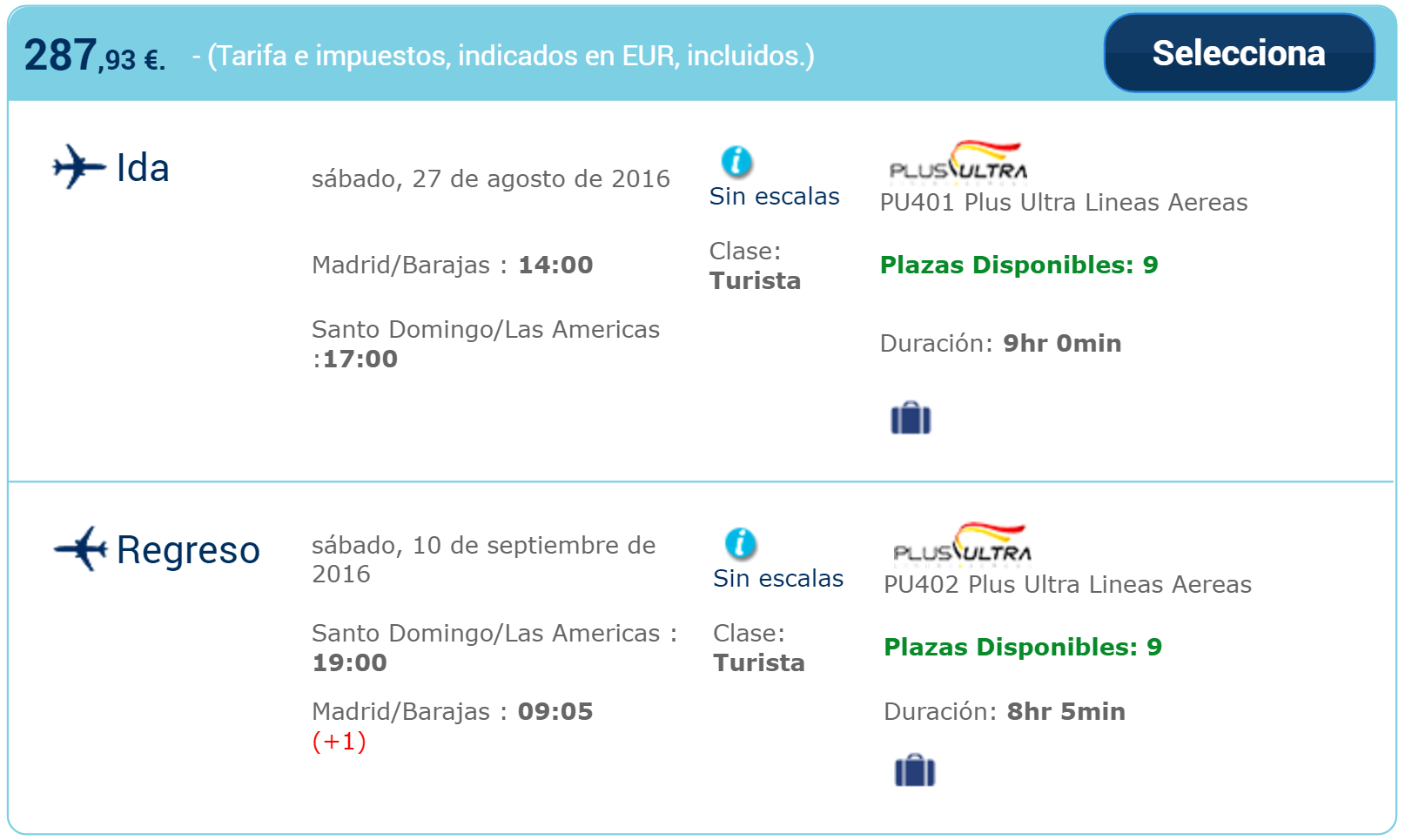 Non-stop, last minute flights from Madrid, Spain to Santo Dominigo, Dominican Republic for only €287 roundtrip. Flight deal ticket image.