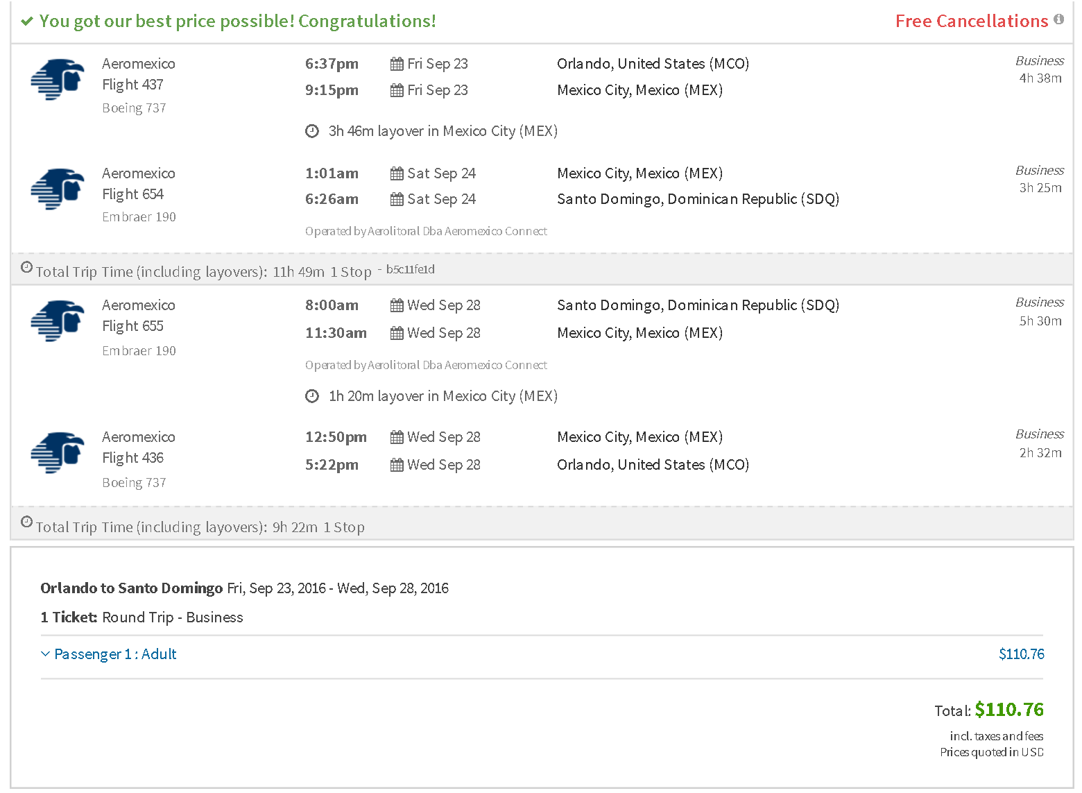 Error Fare Business Class flights from Orlando, Florida to Santo Domingo, Dominican Republic for a crazy cheap $110 roundtrip with Aeromexico. Also works over Christmas and New Year!! Flight deal ticket image.