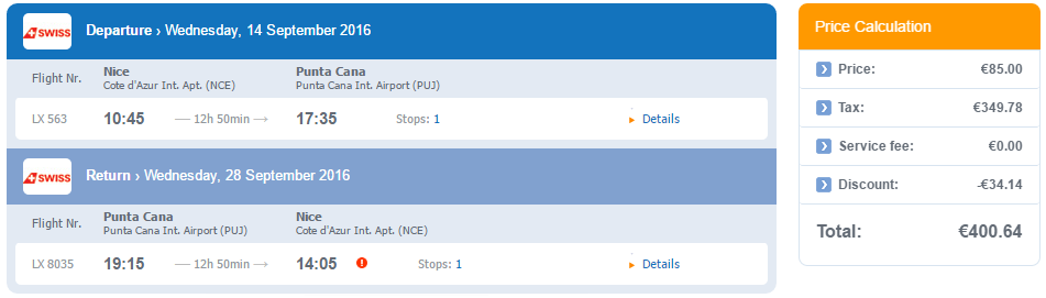 Fly from Nice, Lyon or Paris, France to Punta Cana, Dominican Republic from only €400 roundtrip with Swiss International Air Lines. Flight deal ticket image.