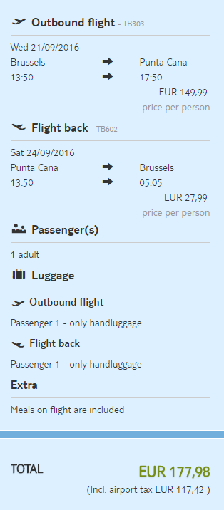 Error Fare flights from Brussels, Belgium to the Dominican Republic for only €177 roundtrip. Also works in reverse (for $197 USD). Flight deal ticket image.