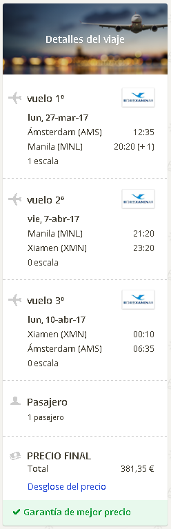 Click here to book this cheap flight deal. 2 in 1 trip...Many European cities to Manilla, Philippines and Xiamen, China from only €381 roundtrip with Xiamen Airlines. Flight deal ticket image.