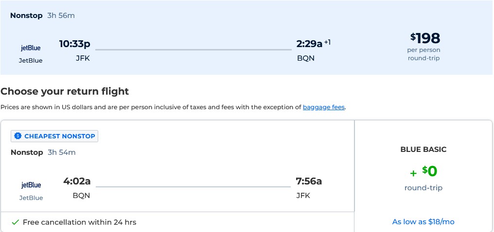 Cheap flights from Eastern USA to Aguadilla, Puerto Rico from only $198 roundtrip with JetBlue. Flight deal ticket image.