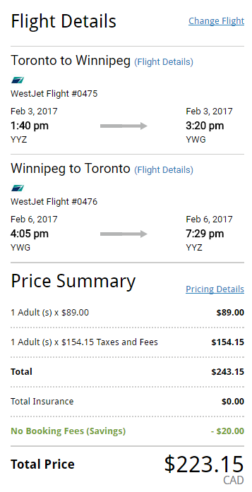 Non-stop flights from Toronto to Winnipeg for only $223 CAD roundtrip. Flight deal ticket image.