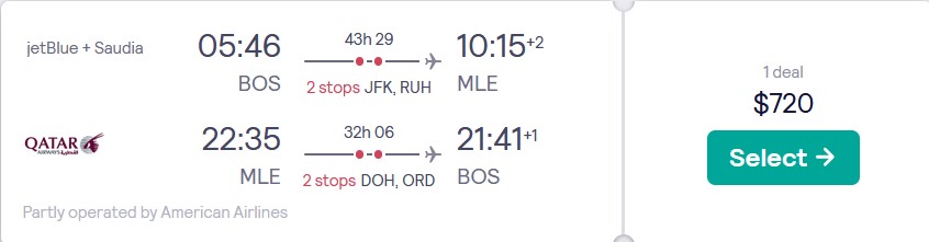 Summer flights from Boston to the Maldives for only $720 roundtrip with JetBlue and Qatar Airways. Flight deal ticket image.