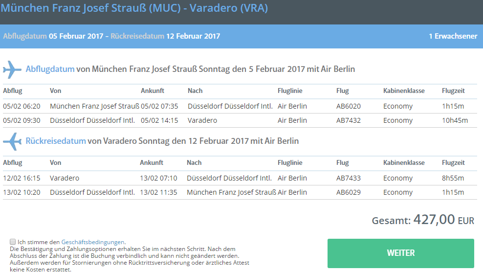 Air Berlin are running a promo where you can fly from many German cities to the Caribbean from only €427 roundtrip. Flight deal ticket image.