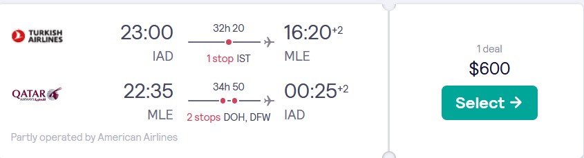 Summer flights from US cities to the Maldives from only $595 roundtrip with Turkish Airlines, Qatar Airways and American Airlines. Flight deal ticket image.