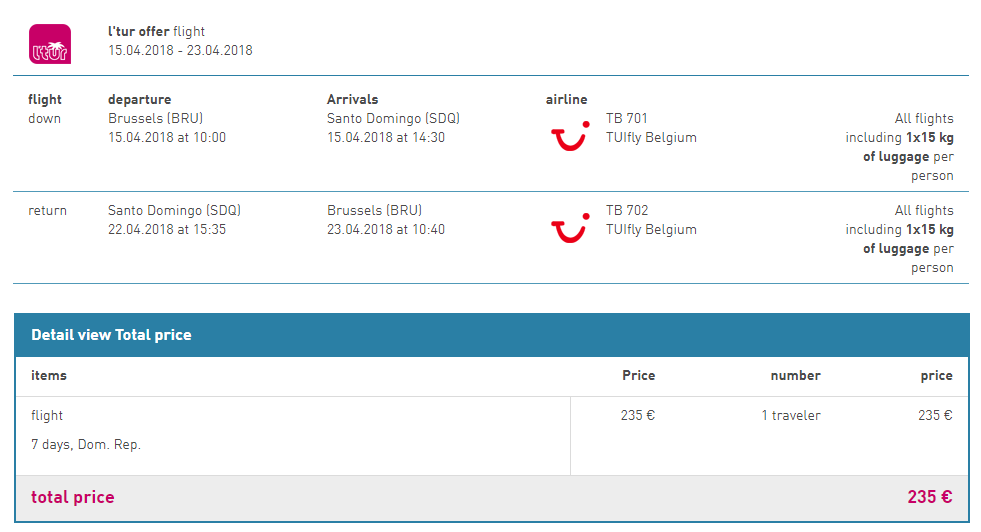 Last minute flights from Brussels, Belgium to Santo Domingo, Dominican Republic for only €235 roundtrip. Flight deal ticket image.