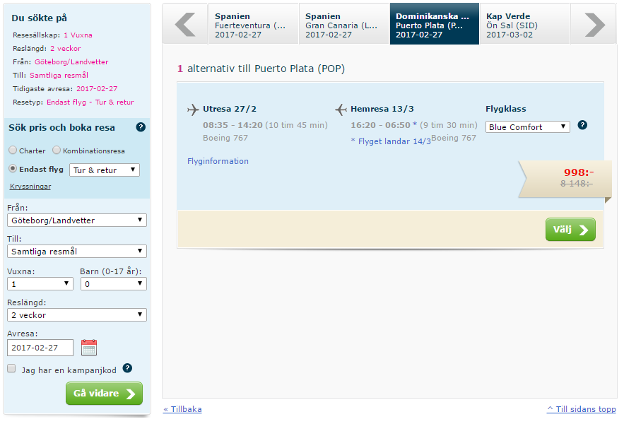 Click here to book this cheap flight deal. Non-stop, last second flights from Gothenburg, Sweden to the Dominican Republic for only €104 roundtrip. Flight deal ticket image.