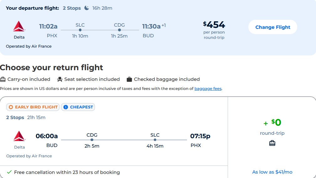 Cheap flights from Phoenix, Arizona to Budapest, Hungary for only $454 roundtrip with Delta Air Lines. Flight deal ticket image.