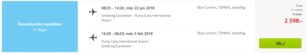 Cheap, last minute flights from Gothenburg, Sweden to Punta Cana, Dominican Republic for only €264 roundtrip. Flight deal ticket image.