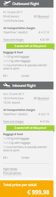 Click here to book this cheap flight deal. Non-stop, Business Class flights from Munich or Frankfurt, Germany to the Dominican Republic, Cuba or Costa Rica from only €999 roundtrip with Condor. Flight deal ticket image.