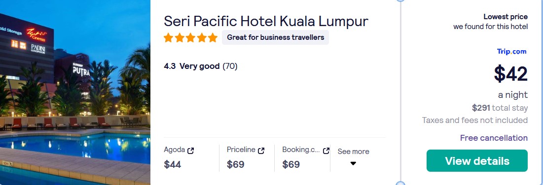 Stay at the 5* Seri Pacific Hotel Kuala Lumpur in Kuala Lumpur, Malaysia for only $42 USD per night. Flight deal ticket image.