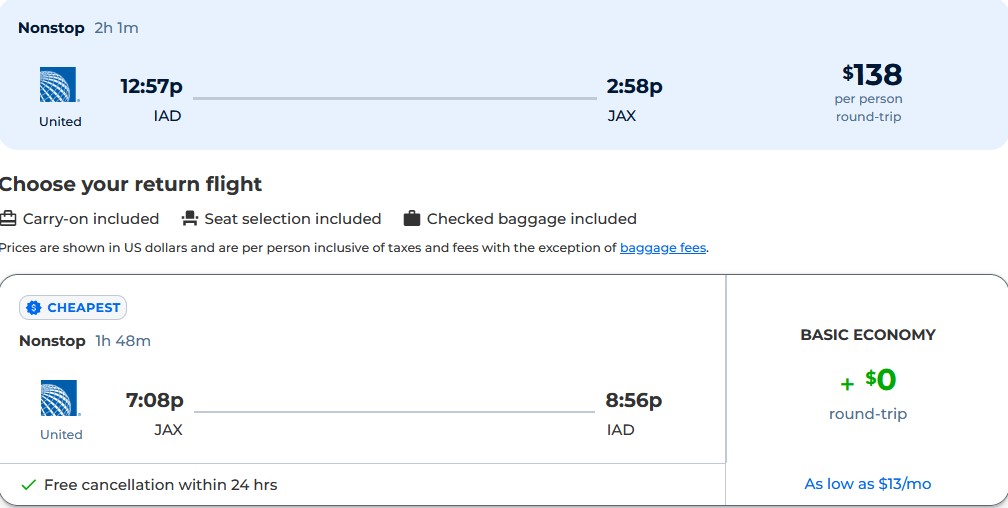 Non-stop flights from Washington DC to Jacksonville, Florida for only $138 roundtrip with United Airlines. Also works in reverse. Flight deal ticket image.