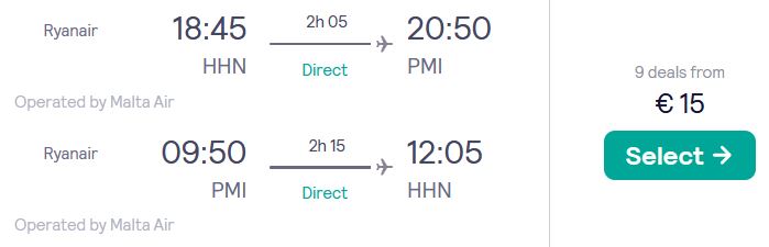 Non-stop flights from Frankfurt, Germany to Palma de Mallorca, Spain for only €15 roundtrip. Flight deal ticket image.