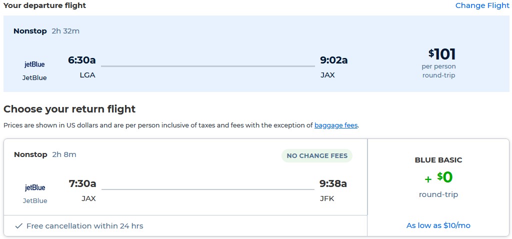 Non-stop flights from New York to Jacksonville, Florida for only $101 roundtrip with JetBlue. Also works in reverse. Flight deal ticket image.