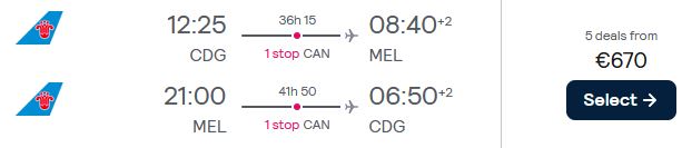 Cheap flights from Paris, France to Melbourne or Sydney, Australia from only €670 roundtrip. Flight deal ticket image.