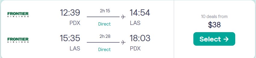 Non-stop flights from Portland, Oregon to Las Vegas for only $38 roundtrip. Also works in reverse. Flight deal ticket image.