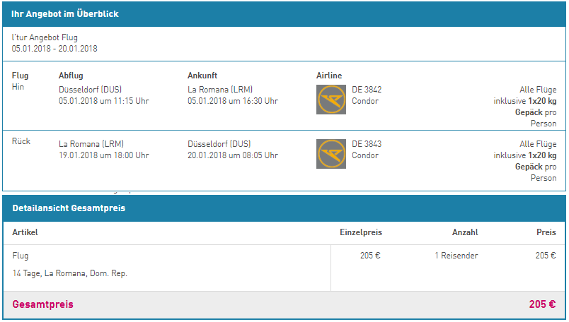 Non-stop flights from Dusseldorf, Germany to La Romana, Dominican Republic for only €205 roundtrip. Flight deal ticket image.