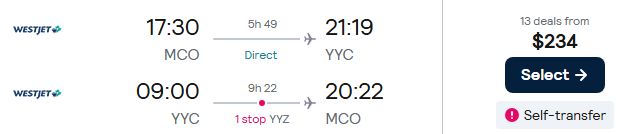 Click here to book this cheap flight deal. Cheap flights from Orlando, Florida to Calgary, Canada for only $234 roundtrip. Flight deal ticket image.