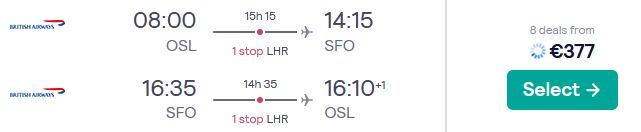 Cheap flights from Oslo, Norway to San Francisco, USA for only €377 roundtrip with British Airways. Flight deal ticket image.