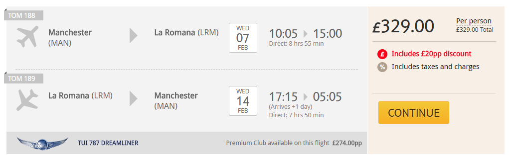 Non-stop flights from Manchester or London, UK to La Romana, Dominican Republic from only £329 roundtrip. Flight deal ticket image.