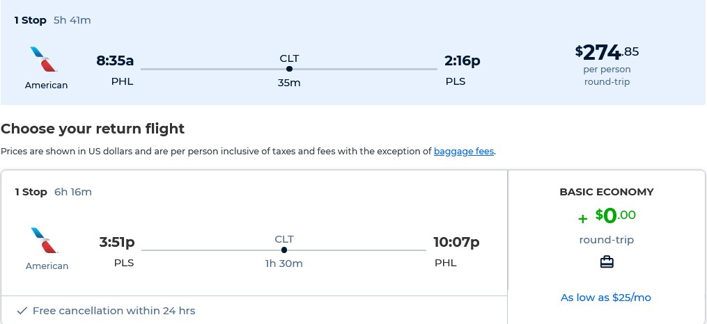 Cheap flights from Philadelphia to Turks and Caicos for only $274 roundtrip with American Airlines. Flight deal ticket image.