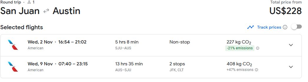 Cheap flights from San Juan, Puerto Rico to Austin, Texas for only $228 USD roundtrip with American Airlines. Flight deal ticket image.