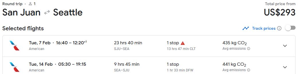 Click here to book this cheap flight deal. Cheap flights from San Juan, Puerto Rico to Seattle, USA for only $293 USD roundtrip with American Airlines. Flight deal ticket image.