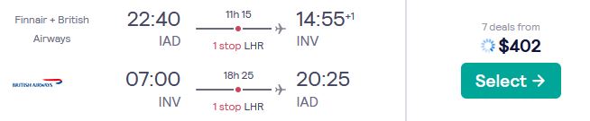 Cheap flights from Washington DC to Inverness, Scotland for only $402 roundtrip with British Airways and American Airlines. Flight deal ticket image.
