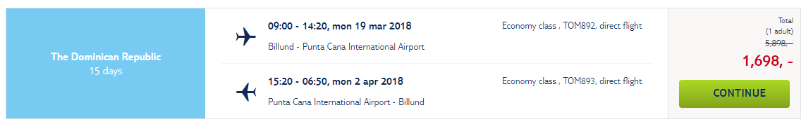 Non-stop flights from Billund, Denmark to Punta Cana, Dominican Republic for only €228 roundtrip. Flight deal ticket image.