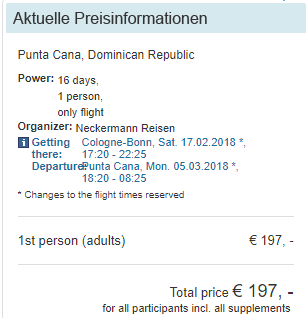 Non-stop, last minute flights from Cologne, Germany to Punta Cana, Dominican Republic for only €197 roundtrip. Flight deal ticket image.