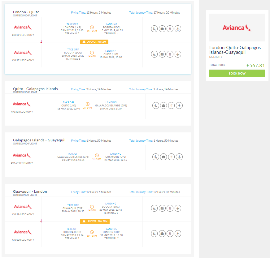 3 in 1 trip...Fly from London, UK to Quito and Guayaquil, Ecuador and the Galapagos Islands for only £567 roundtrip with Avianca. Flight deal ticket image.