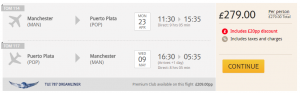 Click here to book this cheap flight deal. Non-stop flights from Manchester or London, UK to Puerto Plata, Dominican Republic from only £279 roundtrip. Flight deal ticket image.