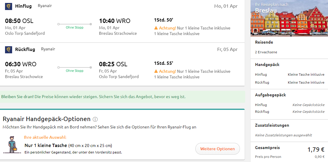 Crazy cheap flights from Oslo, Norway to Wroclaw, Poland for only 89 cents roundtrip. Also works in reverse (for €3 roundtrip). Flight deal ticket image.