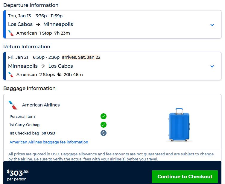 Cheap flights from San Jose del Cabo, Mexico to Minneapolis, USA for only $303 USD roundtrip with American Airlines. Flight deal ticket image.