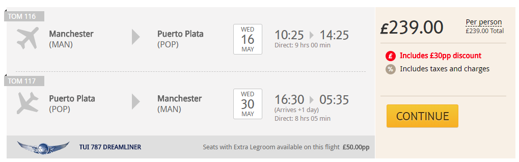 Click here to book this cheap flight deal. Non-stop flights from Manchester, UK to Puerto Plata, Dominican Republic for only £239 roundtrip. Flight deal ticket image.