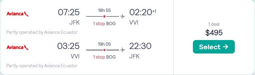 Cheap flights from New York to Santa Cruz, Bolivia for only $495 roundtrip with Avianca. Flight deal ticket image.
