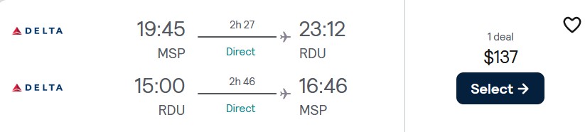 Non-stop flights from Minneapolis to Raleigh, North Carolina for only $137 roundtrip with Delta Air Lines. Also works in reverse. Flight deal ticket image.