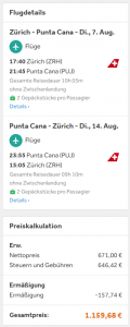 Business Class, non-stop, summer flights from Zurich, Switzerland to the Dominican Republic for only €1159 roundtrip. Flight deal ticket image.