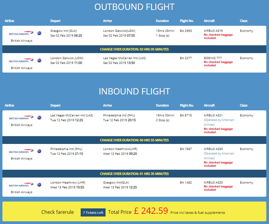 Glasgow, Scotland to Las Vegas, USA for only £242 roundtrip