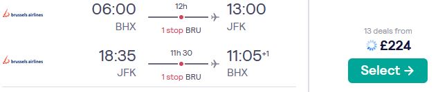 Summer flights from Birmingham, UK to New York, USA for only £224 roundtrip with Brussels Airlines. Flight deal ticket image.
