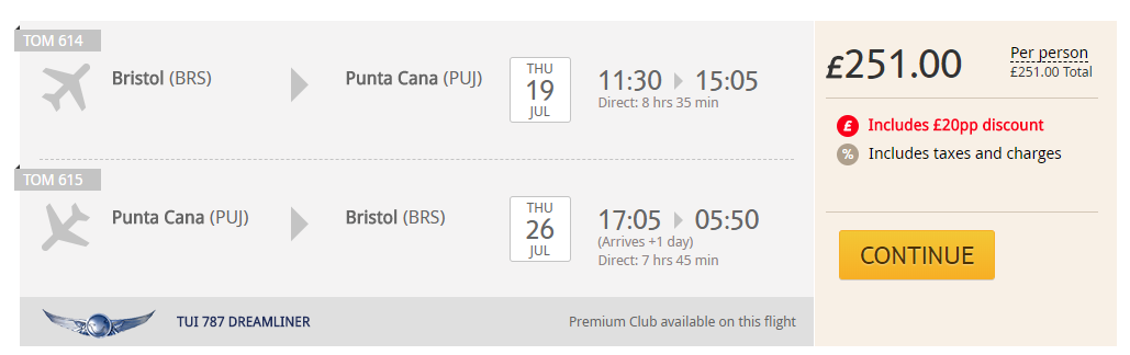 Non-stop, summer flights from Bristol, UK to Punta Cana, Dominican Republic for only £251 roundtrip. Flight deal ticket image.
