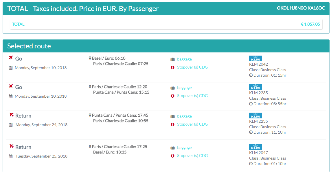 Business Class flights from Swiss cities to the Dominican Republic or Cuba from only €1057 roundtrip with Air France. Flight deal ticket image.
