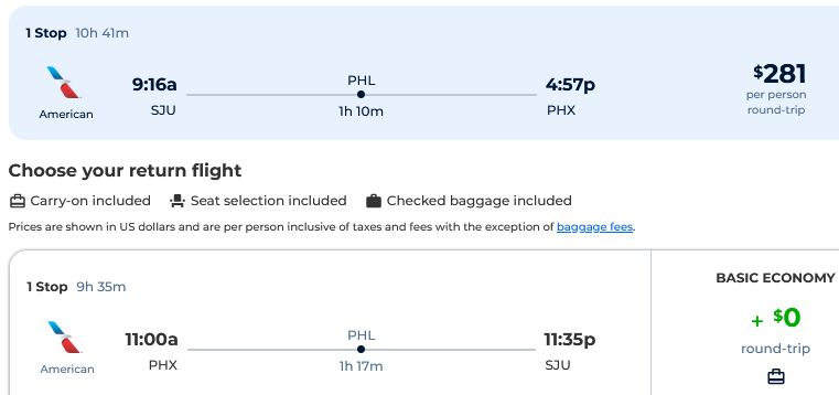 Cheap flights from San Juan, Puerto Rico to Phoenix, Arizona for only $281 USD roundtrip with American Airlines. Flight deal ticket image.