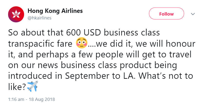 **GREAT NEWS!!** Hong Kong Airlines announce they will honour the Business Class Error Fare deal